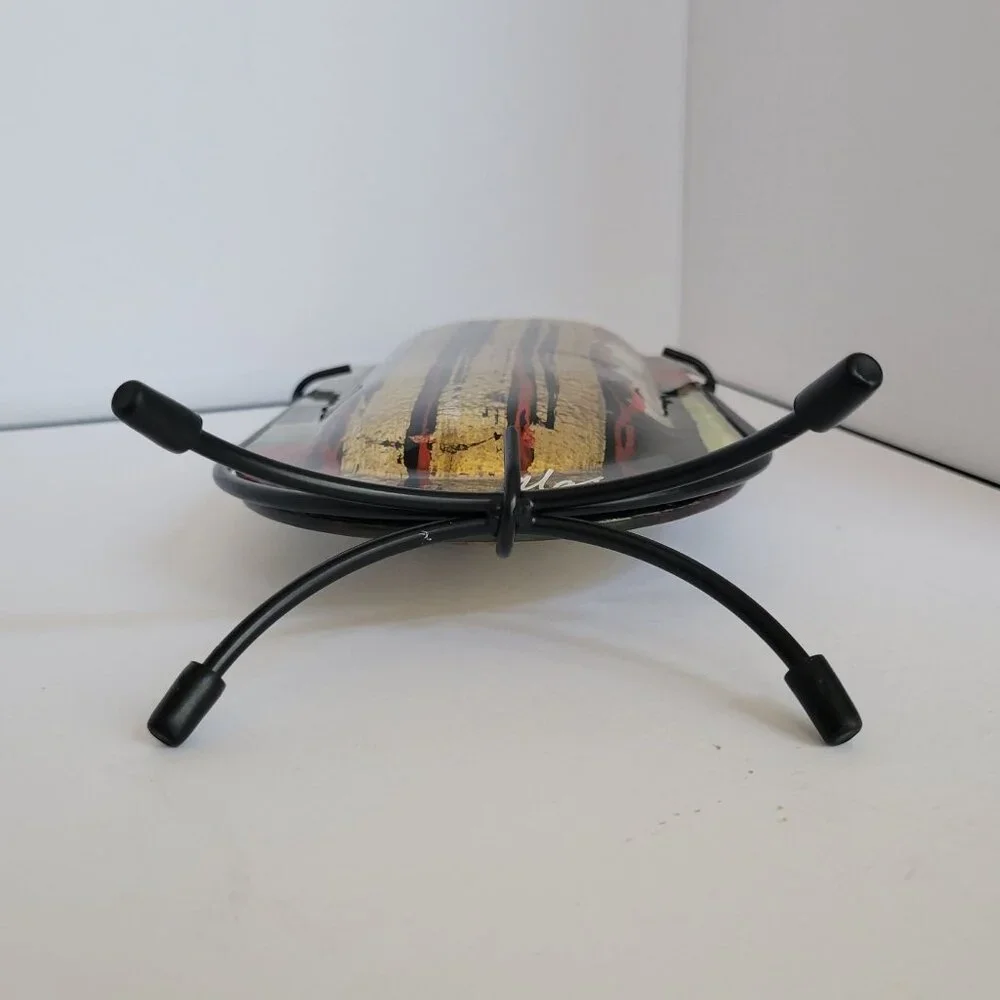 Massi Italian Vase U Shaped Art Glass with Metal Stand 9 1/4